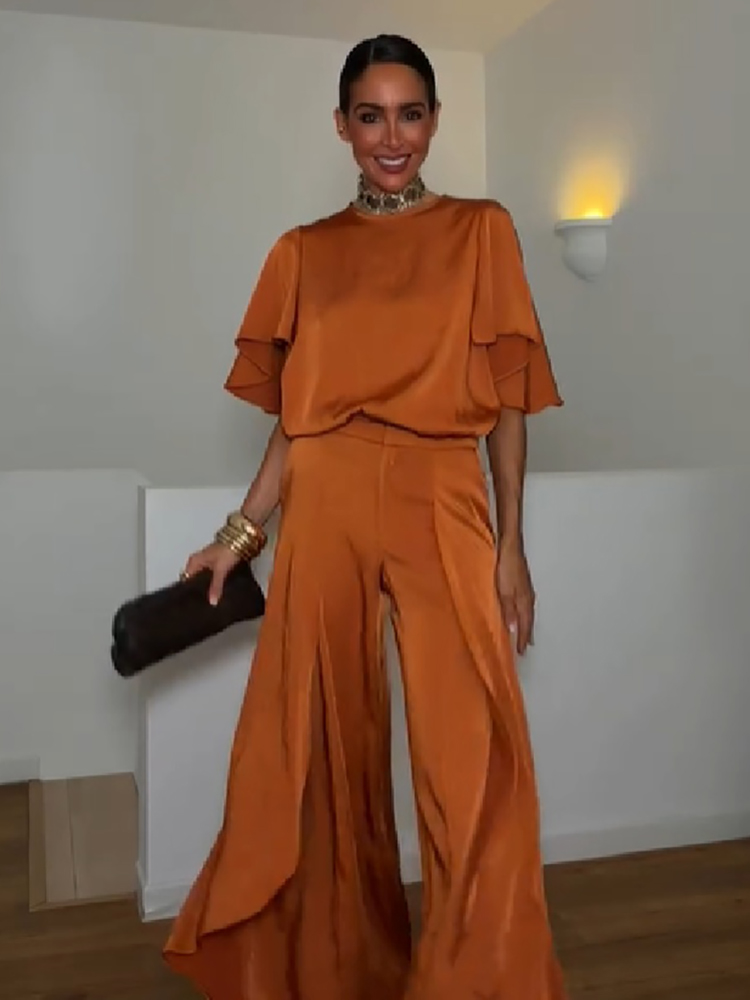Ensemble 2 pièces en satin pour femme : Blazer à col rond et manches courtes volantées, pantalon taille haute à jambes larges – Élégant pour les fêtes et le quotidien