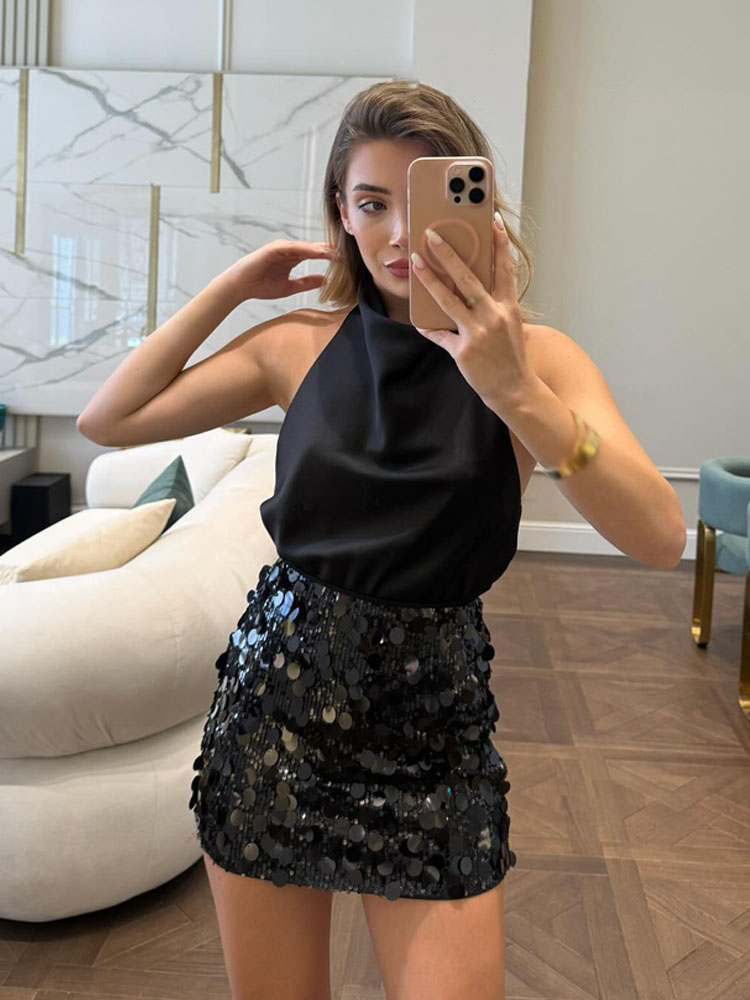 HH femmes été nouvelle mode taille haute mince solide paillettes Mini jupe femme Sexy hanche côté fermeture éclair Punk fête jupe courte Mujer