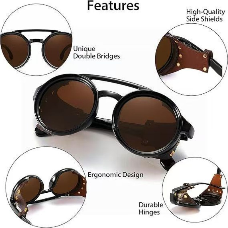 Lunettes de soleil steampunk pour voyages d'été, hommes et femmes, lunettes de soleil classiques avec monture ronde en cuir latérale, verres punk UV400