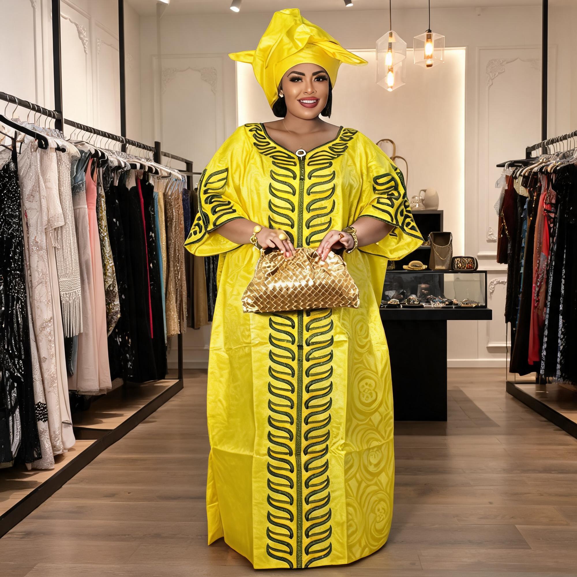 Robes africaines pour femmes grande taille, robe longue avec écharpe, design brodé Bazin Riche