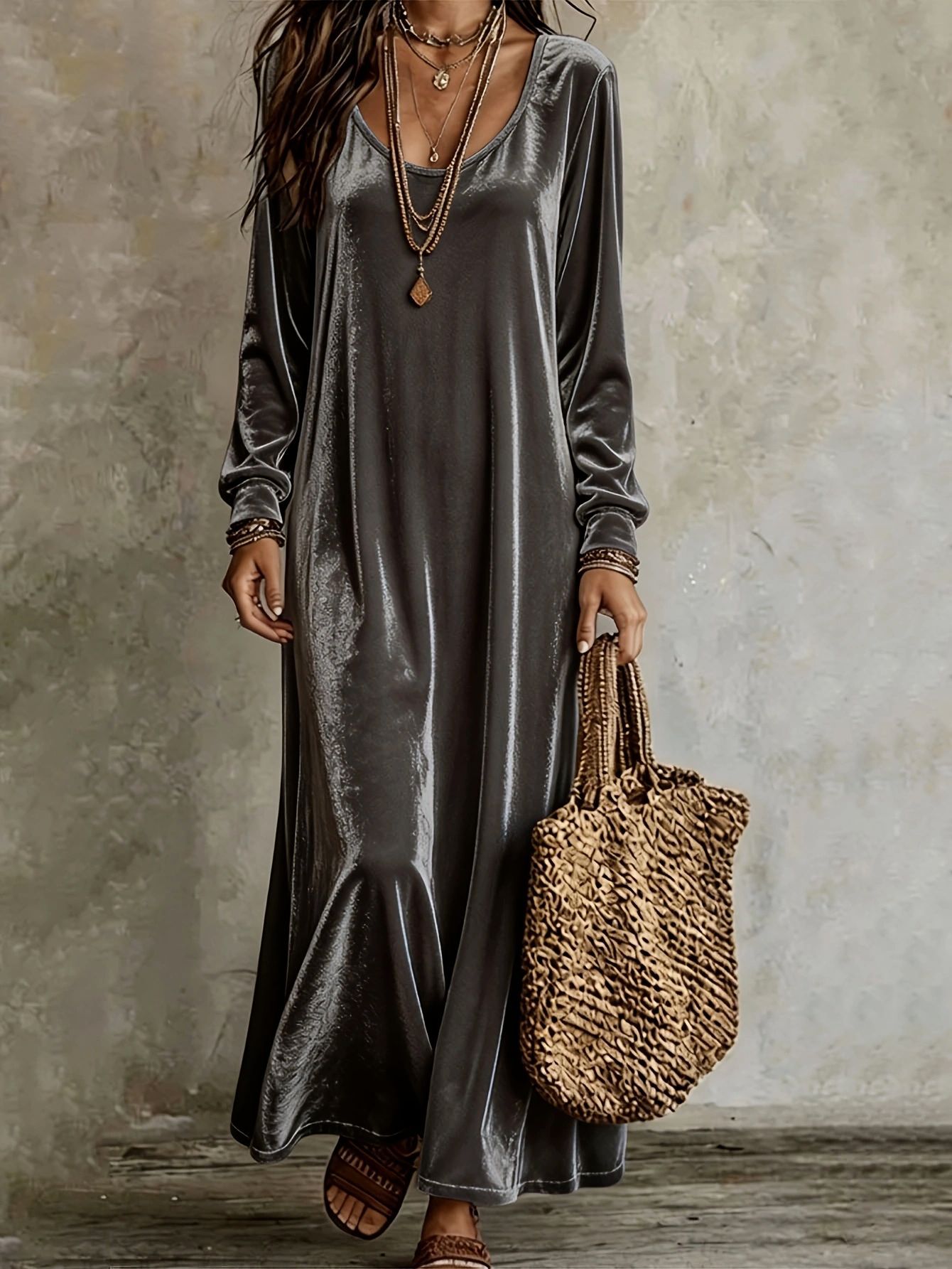 Robe en velours pour femmes, élégante robe maxi à manches longues.