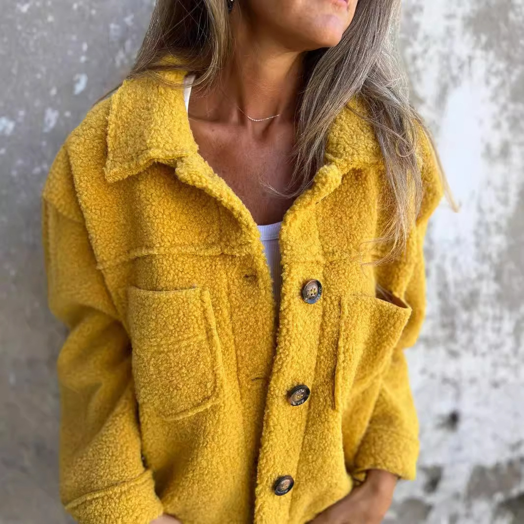 Manteau en laine d'agneau pour femme, vêtement d'extérieur chaud, veste courte, simple boutonnage, col rabattu, poches, pardessus de bureau, automne hiver