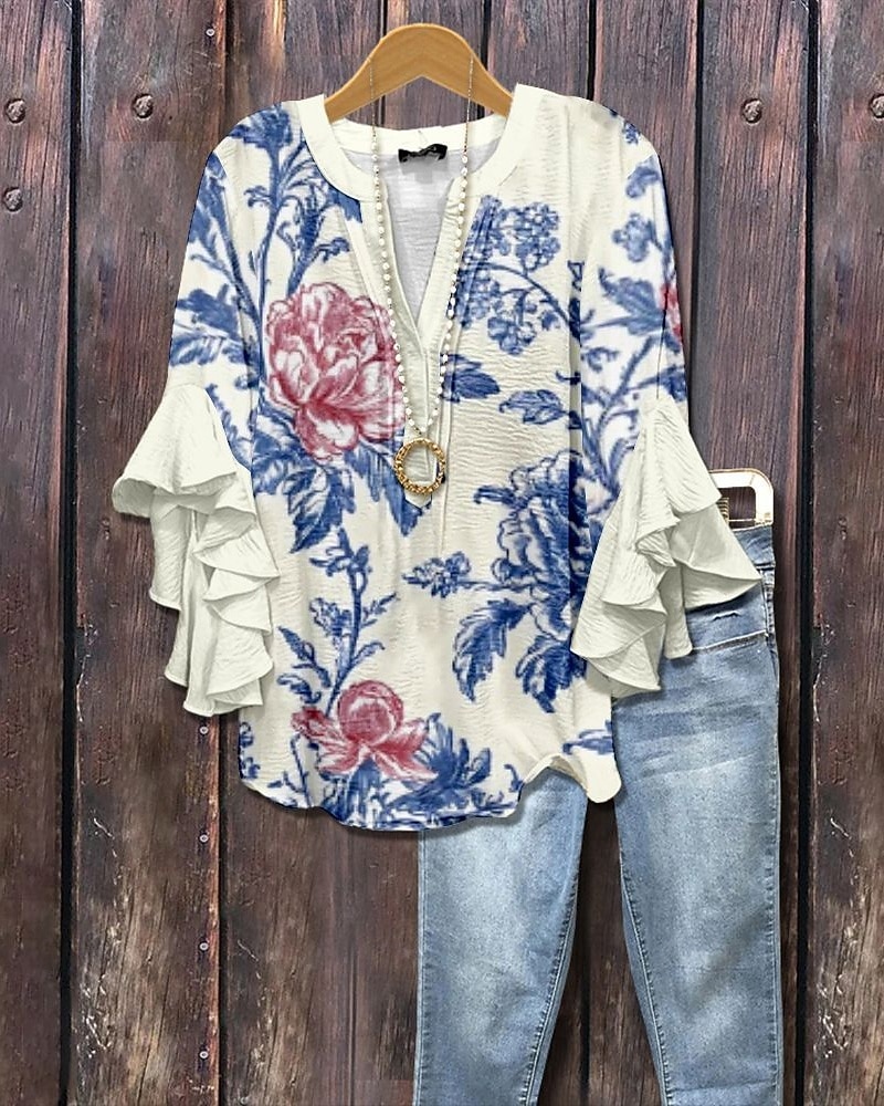 Chemisier fleuri pour femme, col en V, manches à volants, haut élégant à motif graphique, coupe décontractée, imprimé 3D, collection été 2026, vêtements pour femme