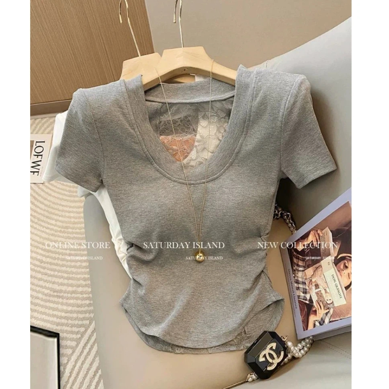 Nouveauté Été : T-shirts et hauts sexy pour femmes, à manches courtes, unis, avec patchwork en dentelle et découpes, coupe ajustée, style coréen tendance