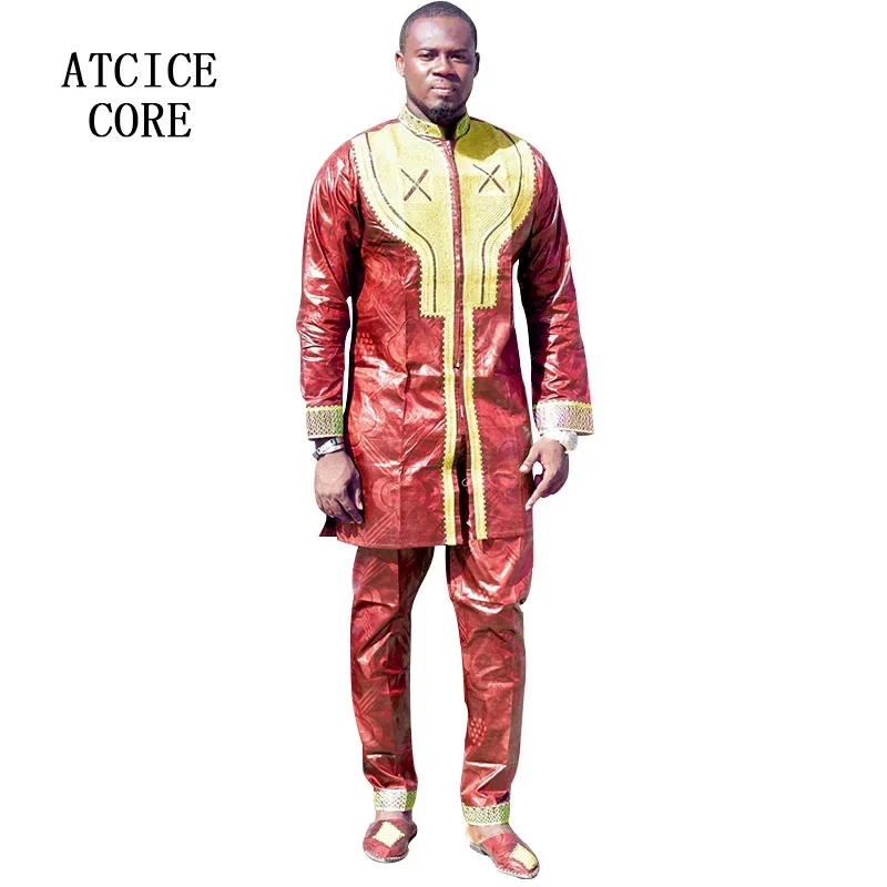 Bazin Riche Africain Traditionnel pour Homme, Tenue avec Broderie, un Haut, un Pantalon Sans Chaussures