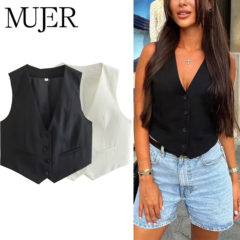 MUJER femmes gilet noir blanc recadrée gilet haut femmes col en V sans manches gilet femme mode travail été costume gilet manteaux courts