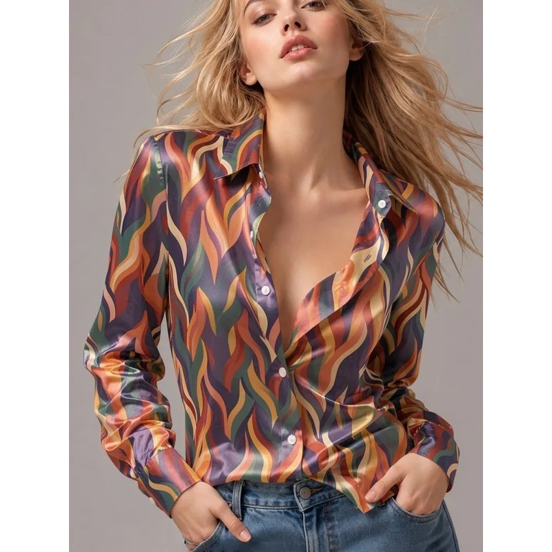 Chemisier en satin imprimé pour femme, manches longues, boutonné, col rabattu, coupe ample, élégant, décontracté, pour le bureau, printemps automne