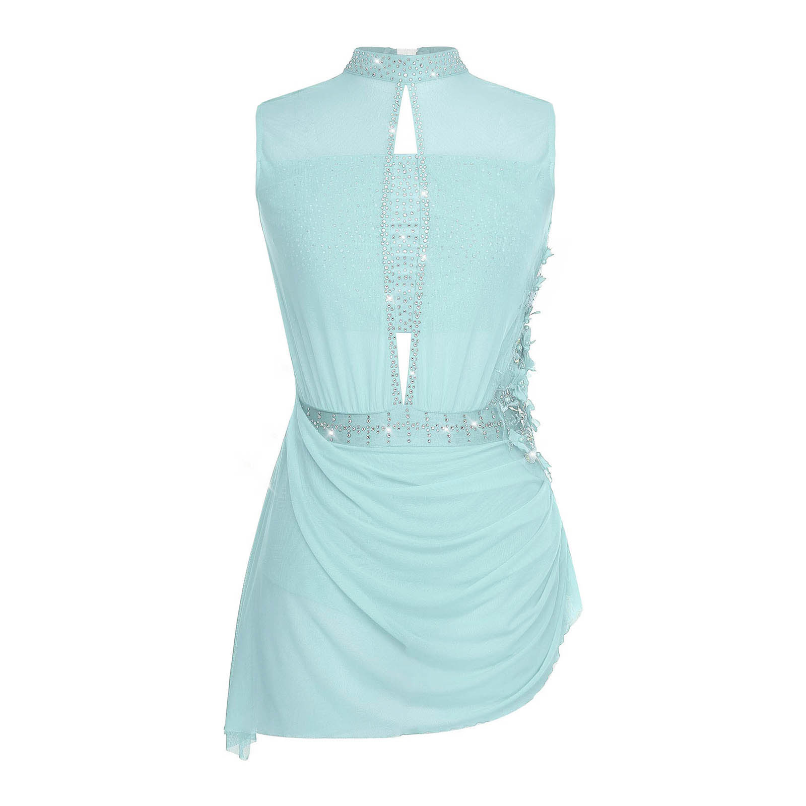 Robe de danse de patinage artistique pour femmes, justaucorps à fleurs appliquées, Costume de danse lyrique, sans manches, dos nu, robe superposée en maille transparente