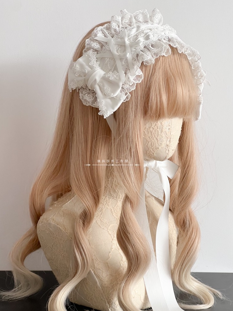 Accessoires pour cheveux Lolita originaux faits à la main, blanc et noir, coiffure rose bleu, bandeau en dentelle avec nœud Kc