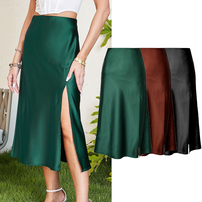Jupes fendues pour femmes, mode d'été, jupe en satin doux, jupes trapèze taille haute pour femmes, jupes sexy pour femmes