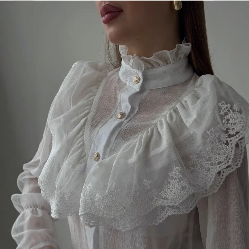 Chemise femme 2025 automne nouveau Style palais français col féerique en mousseline de soie à volants dame à manches longues haut blanc