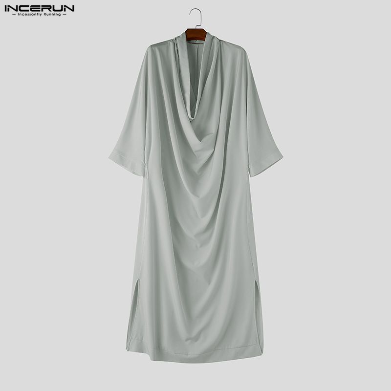 INCERUN Kaftan musulman pour homme, couleur unie, manches 3/4, robes vintage pour homme, caftan ample et décontracté, 2026, Jubba Thobe arabe