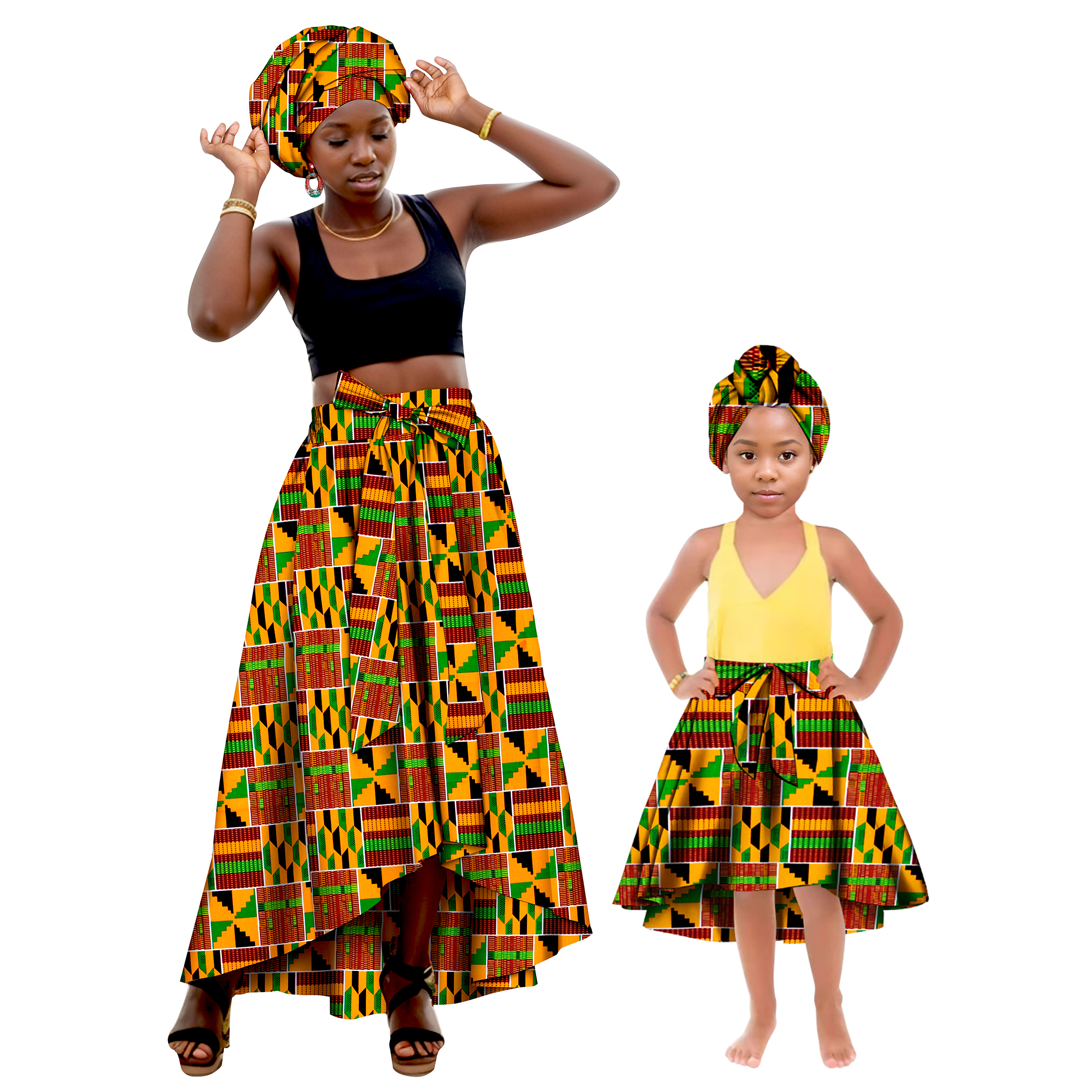 Vêtements assortis pour la famille africaine, mère et fille, bandeau + jupes, robe en coton imprimé africain, jupes de fête pour femmes et filles