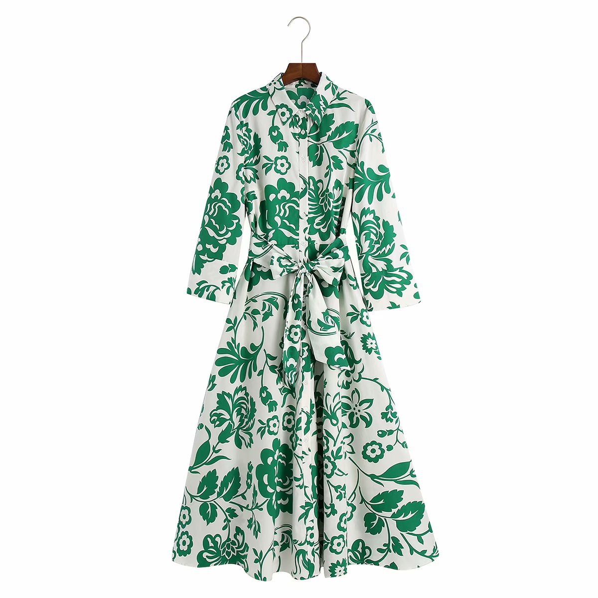 Robe maxi en rayonne de coton à imprimé floral vert pour femmes, robe vintage à manches longues, robe bohème décontractée pour dames, vêtements éducatifs, printemps, automne