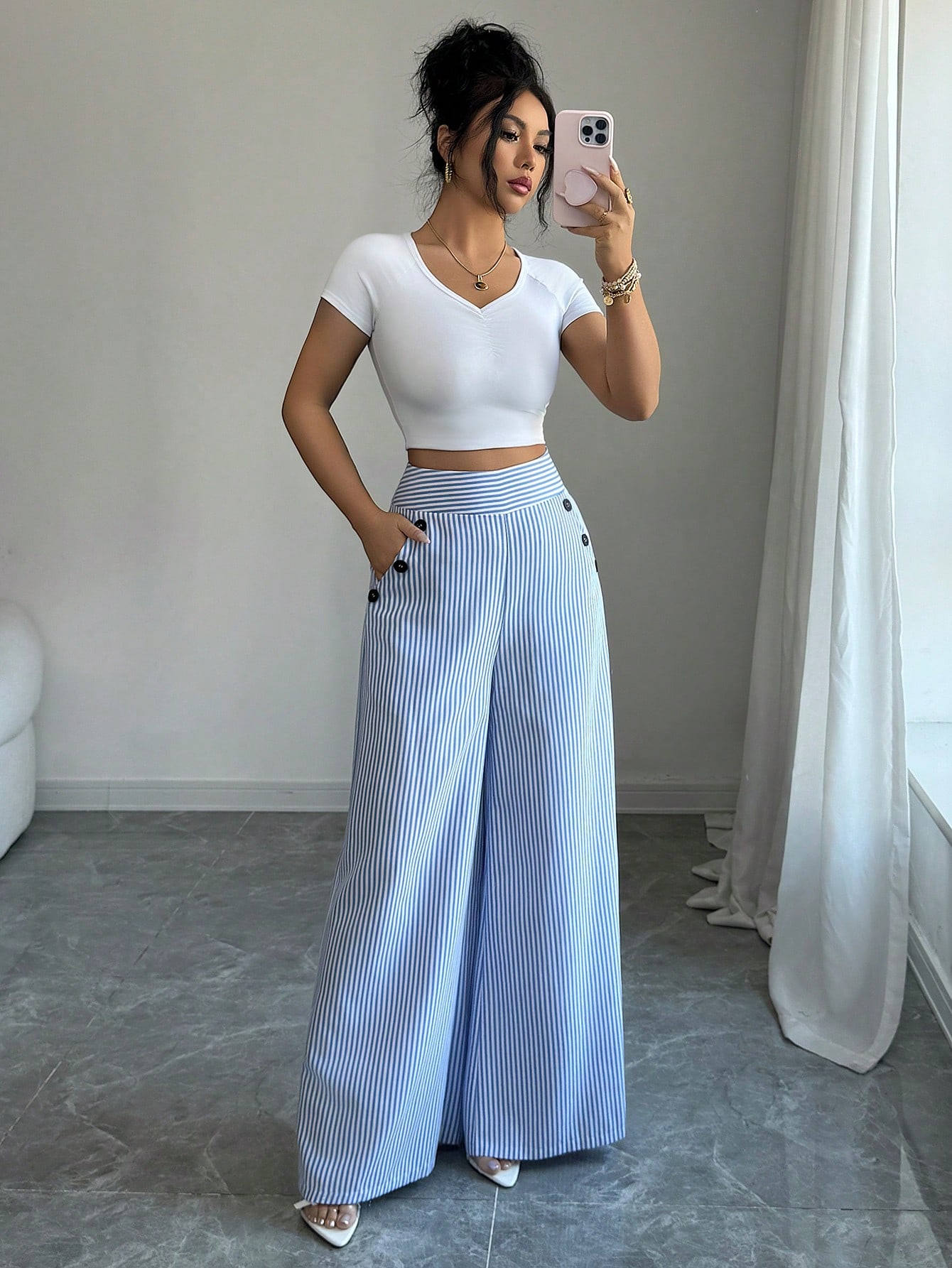 Pantalon large rayé élégant |   Pantalons confortables à taille haute pour le bureau et les occasions décontractées