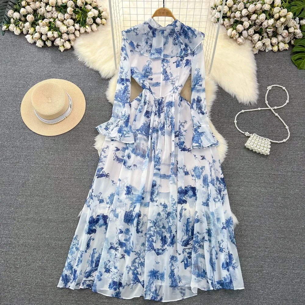 Robes longues en mousseline de soie pour femmes, style cour, imprimé floral, manches évasées, col montant, élégante, éducative, maxi, livraison directe
