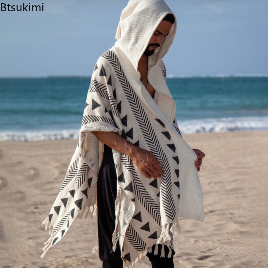 Vêtements de plage à capuche pour hommes, protection solaire, mode décontractée, cape à franges imprimée, Style de vacances, haut polyvalent, vêtements de Style ethnique, nouvelle collection