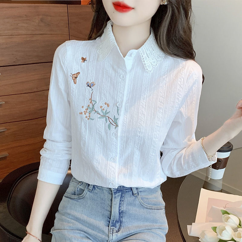 Broderie femmes printemps automne Blouses chemises dame décontracté à manches longues col rabattu couleur unie haut Blouse DF4775