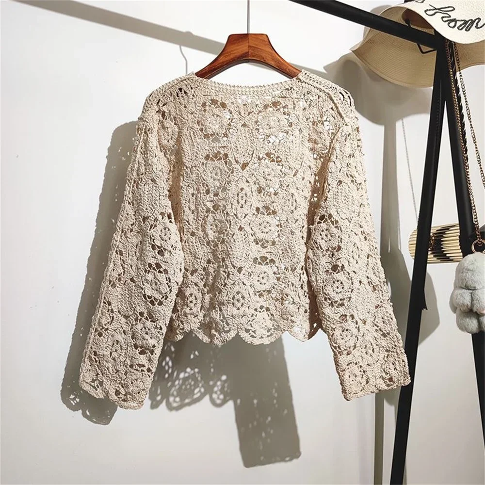 Cardigan en coton et dentelle pour femme, petit châle, col rond, manches longues, couleur unie, décontracté, ajouré, printemps et été, 2024