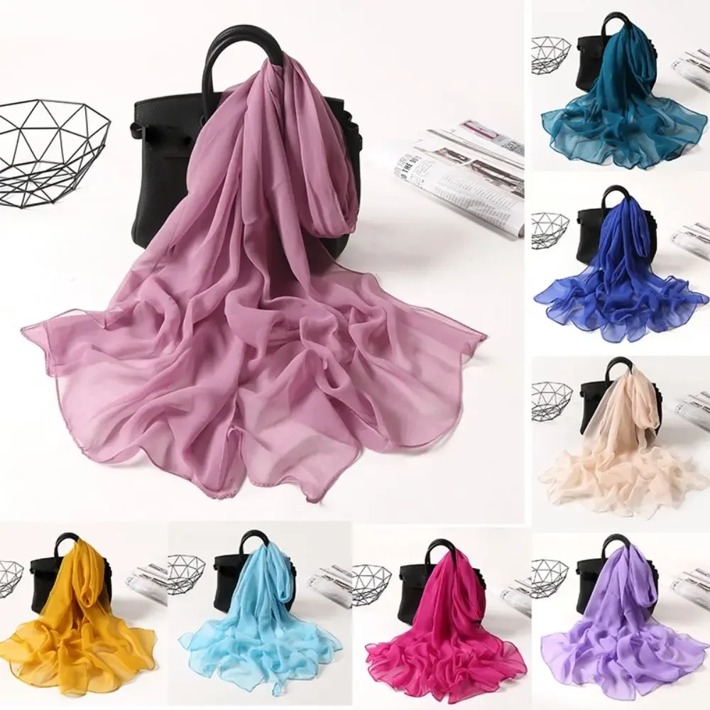 Écharpe en mousseline de soie pour femme, fine, douce, longue, châle et étole respirante, couleur unie, protection solaire pour la plage, hijab