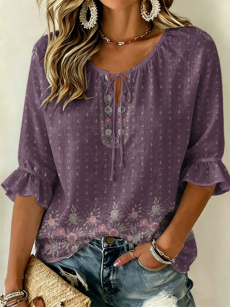 Chemisier pour femme violet brodé à motif cachemire avec col noué, hauts amples décontractés pour le printemps, l'été, le quotidien et les occasions de vacances