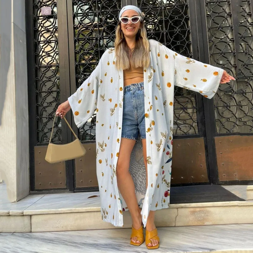 Cache-maillot à manches longues imprimé floral ethnique pour femmes, robes de bikini surdimensionnées, vêtements de plage Boho, Kimono, Kaftan, été