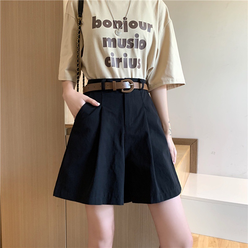Shorts de travail pour femmes, taille haute, été, coupe large, avec ceinture, kaki, décontracté, en coton, style coréen, uni, avec poches