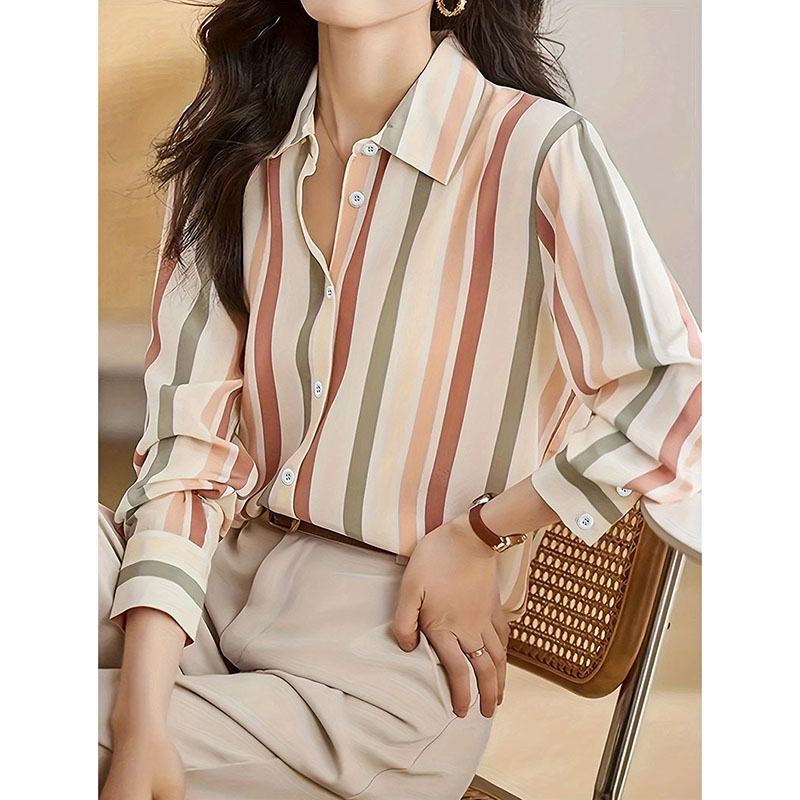 Chemise à col rabattu pour femme, élégante et Chic, tempérament Simple, chemises rayées de couleur contrastée, chemisiers en mousseline de soie à manches longues