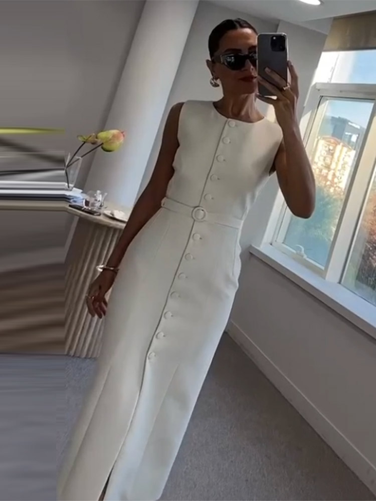 Costume sans manches à lacets robe mi-longue femmes élégant col rond simple boutonnage coupe ajustée Robes de soirée mode bureau dame Robes
