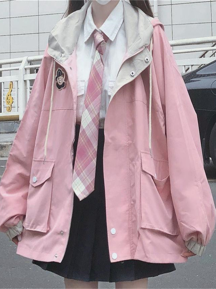 Veste Kawaii japonaise pour femmes, manteau à capuche surdimensionné de Style Preppy rose, mode coréenne, vêtements d'extérieur décontractés pour filles, automne 2023