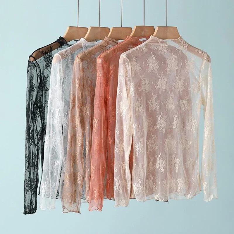 Nouvelle chemise en dentelle florale pour femme, manches longues, sexy, en maille, col montant, pull-over, haut de printemps-automne