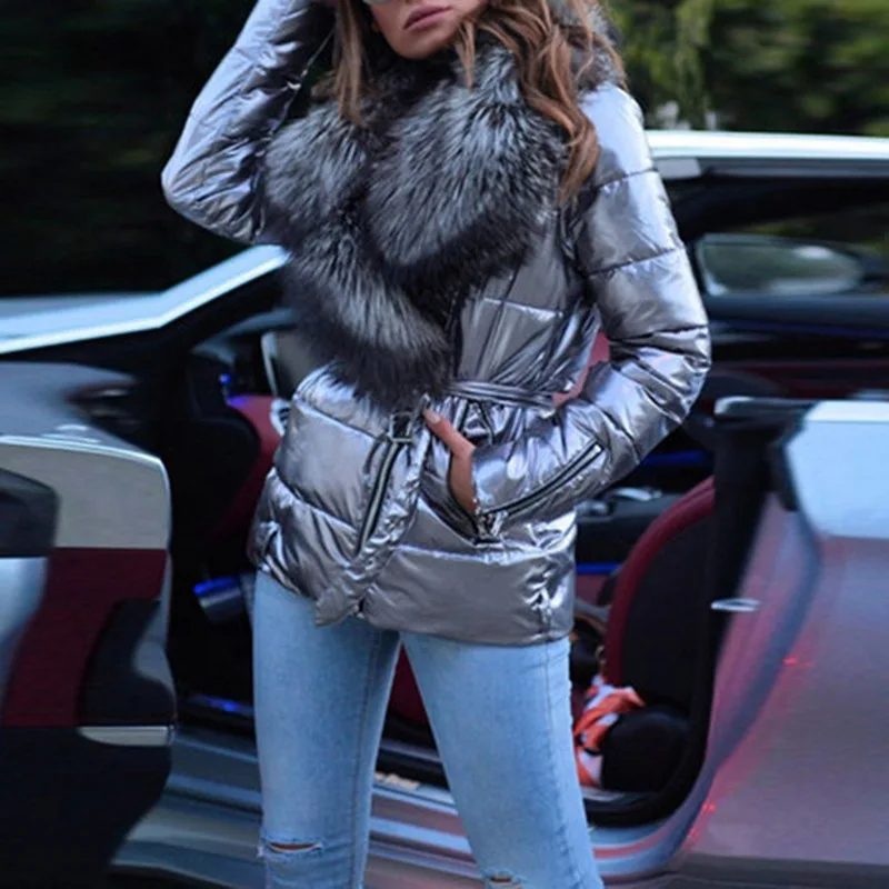 Doudoune Courte en Coton pour Femme, Manteau d'Hiver, Surface Brillante, Grand Col, Style Punk, Slim
