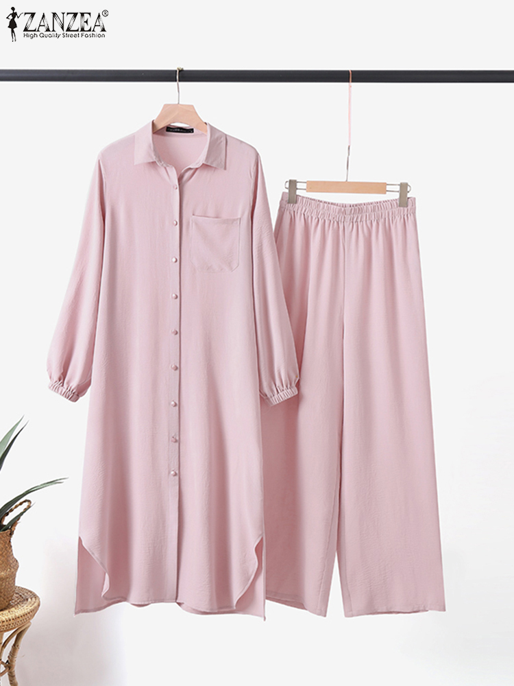 ZANZEA Vintage costume musulman couleur unie revers cou à manches longues Blouse pantalon Ramadan vêtements islamiques mode décontracté turquie tenue
