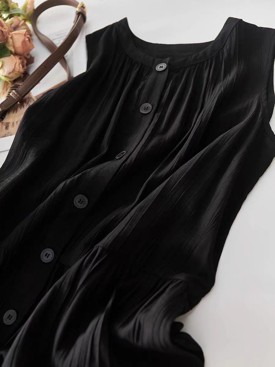 Robe noire pour femme, nouvelle collection été, style coréen, chic, élégante, à col rond, mi-longue, décontractée, à simple boutonnage
