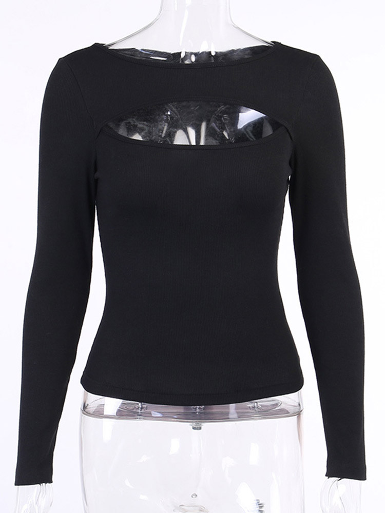 T-shirt femme automne, ajouré, uni noir et blanc, manches longues, tricoté, décontracté, coupe slim, col rond, mode 2024