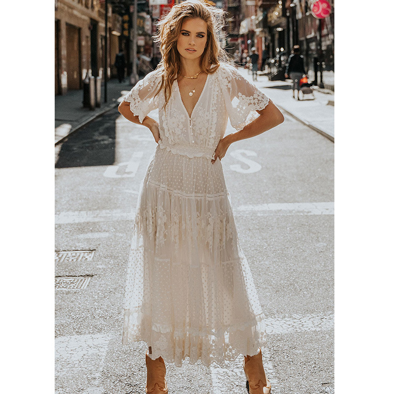 Robe femme blanc évider coton robe d'été dentelle sans manches longue épissage été fête élégante soirée femme jupe vêtements