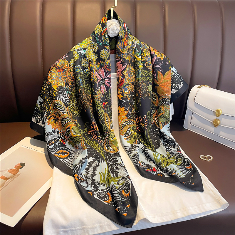 Foulard carré de luxe en sergé de 90cm pour femmes, bandeau de cheveux imprimé de printemps, Hijab, Foulard Sunsceen, châle enveloppant