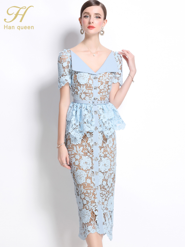 H Han Queen Robe de soirée vintage ajourée en dentelle pour femmes, manches courtes, luxueuse, à simple boutonnage, longue, pour l'été