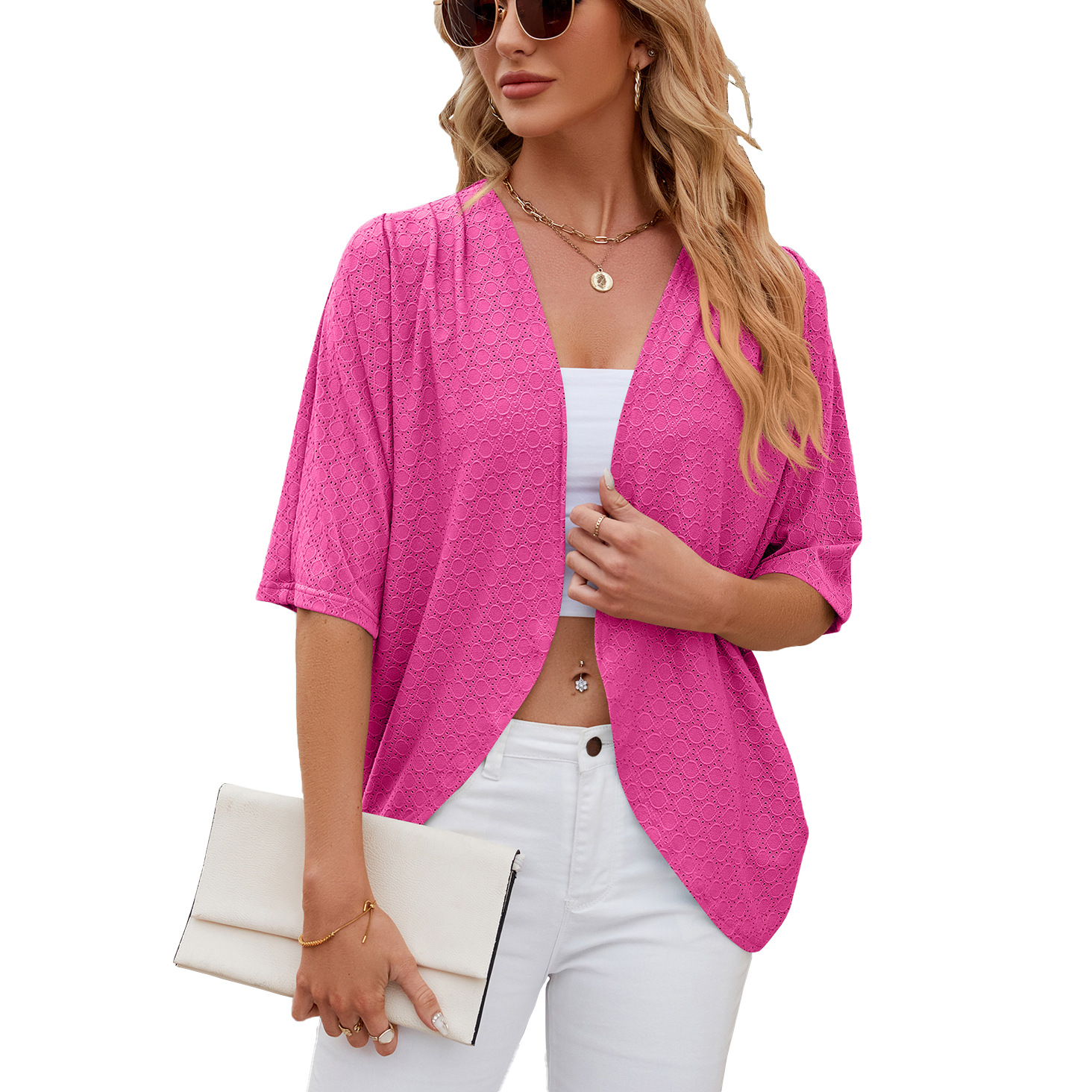 Cardigan court respirant pour femme, élégant, couleur unie, ouvert sur le devant, idéal pour l'été