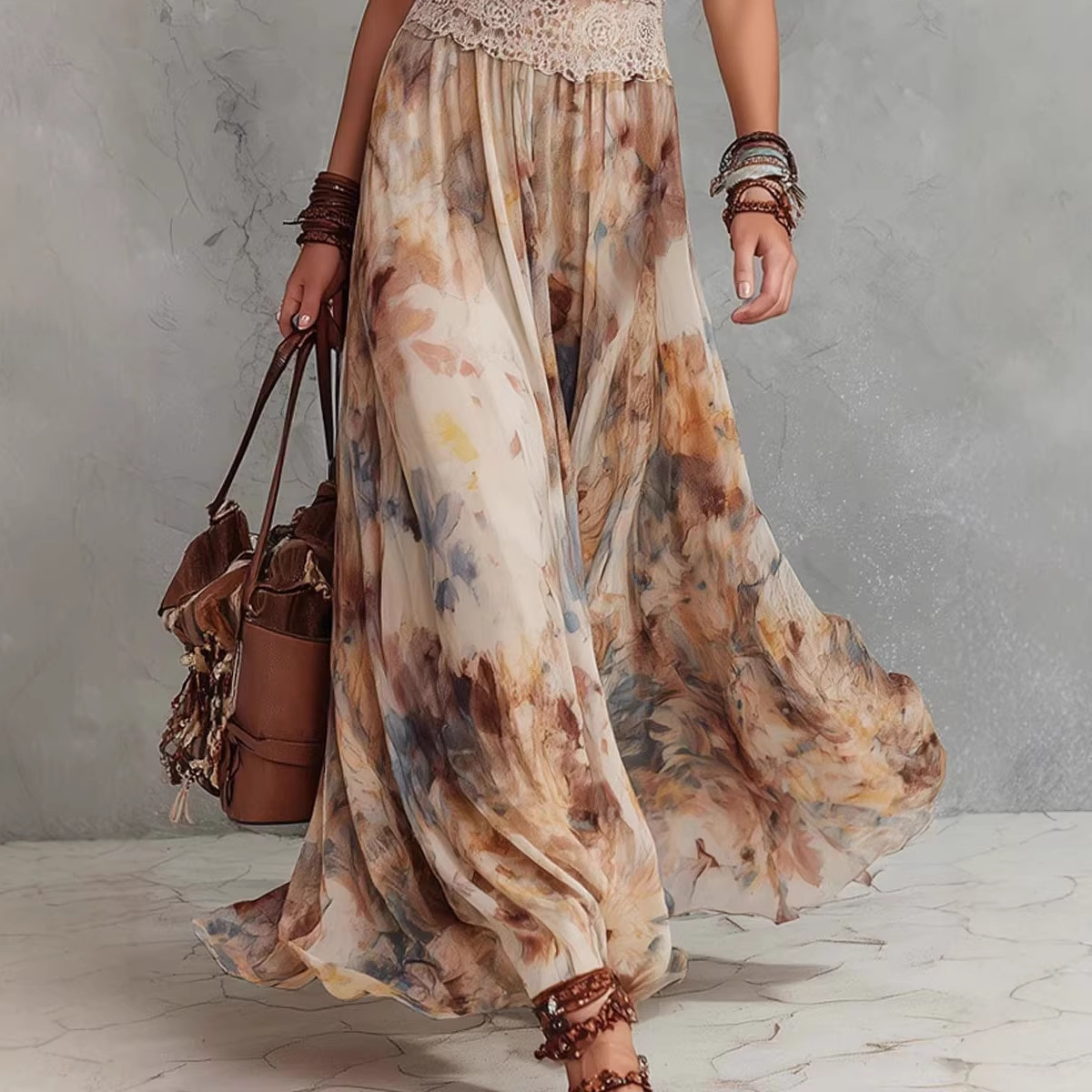 Robe longue d'été bohème vintage pour femme, style peinture à l'huile, à bretelles, cintrée à la taille, motif floral, pour vacances à la plage, tourisme 2026