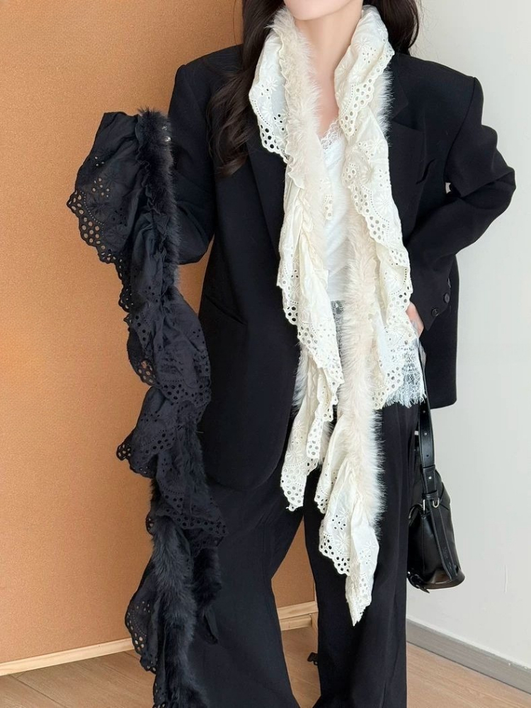 Y2k – foulard en fourrure en dentelle, Patchwork, esthétique, Harajuku, Vintage, broderie de fleurs, foulard féerique japonais ajouré, Grunge
