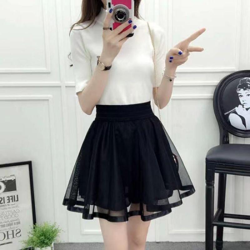 Jupe courte élastique taille haute pour femme, jupe trapèze assortie, jupe courte Shaggy, maille noire, dentelle plissée, document pur, nouvelle mode jeune, été