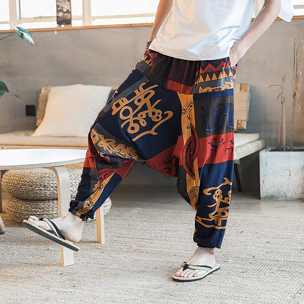 Pantalon sarouel Vintage élégant pour hommes, Design à entrejambe tombant, pantalon décontracté, respirant, coupe ample, style Boho, jogging imprimé aléatoire