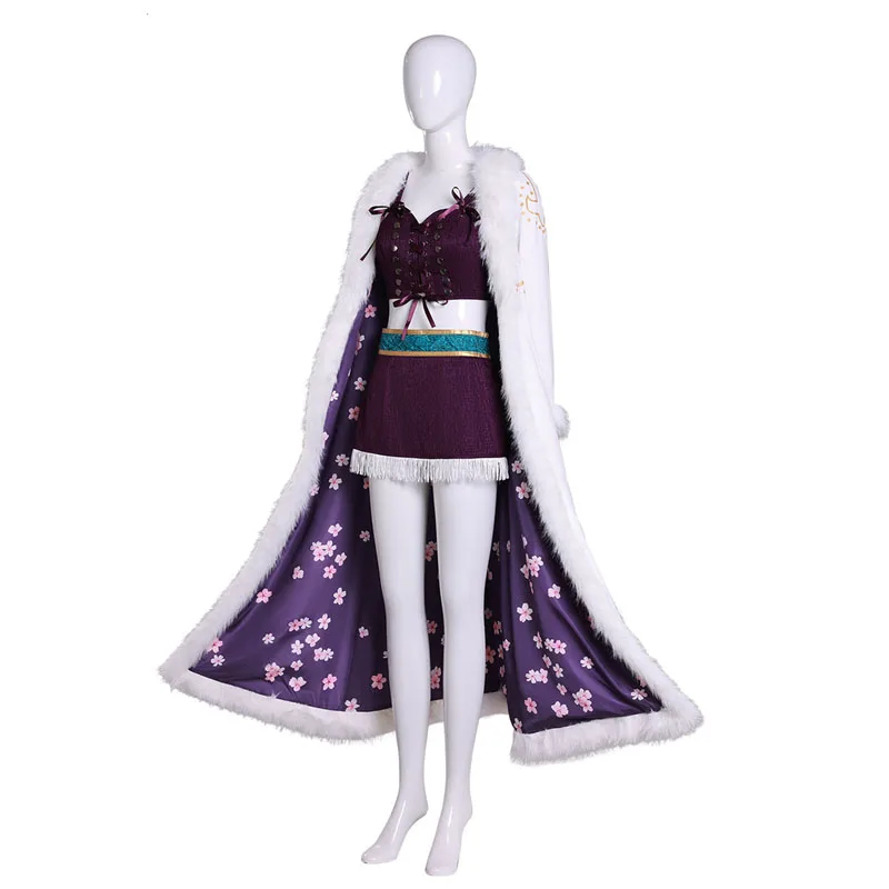Costume de Cosplay Anime Nico Robin, robe violette, uniforme, col en fourrure longue, cape blanche, tenue Punk pour femmes, costume d'halloween