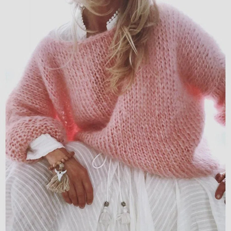 Mohair-Pull moelleux à manches longues lanterne pour femmes, pull en tricot streetwear, pull respirant, vêtements pour femmes