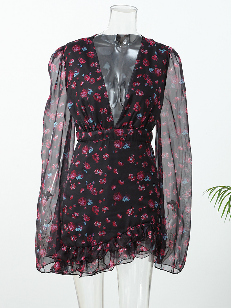 Robe Courte Élégante à Imprimé Floral, Col en V Profond, Manches Longues, Taille Cintrée, Ourlet à Volants Superposés, pour Femme, Idéale pour les Fêtes et le Quotidien