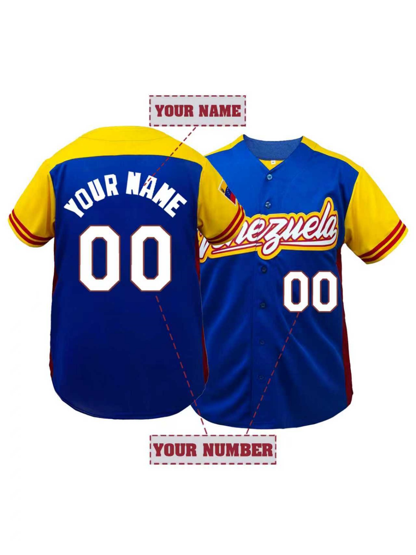 Maillot de baseball personnalisé pour homme, nom et numéro personnalisés, Venezuela, broderie, manches courtes, chemises DIY, vêtements décontractés, vêtements pour homme