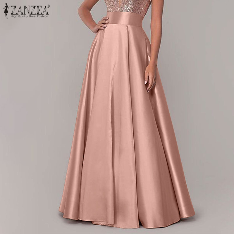 ZANZEA Jupes longues de soirée en satin pour femmes, élégantes, taille haute, fermeture éclair au dos, coupe trapèze, jupes longues élégantes pour cocktail, Faldas Mujer