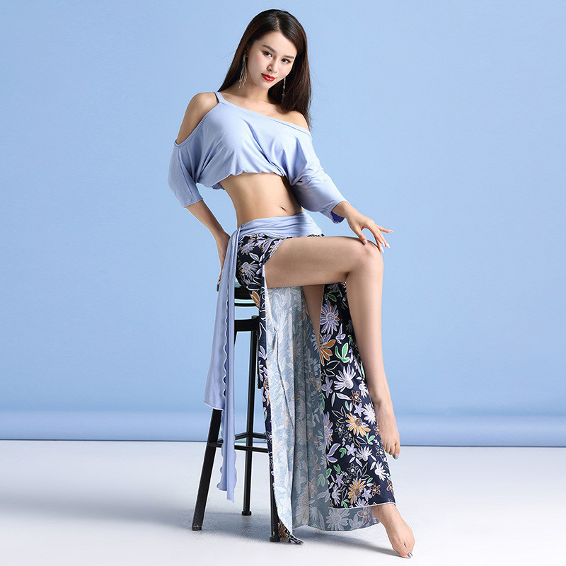 Vêtements de danse du ventre professionnels pour femmes, tenue de spectacle de séparés euse financière modale, chemisier à manches courtes, jupe longue imprimée sexy, 2 pièces