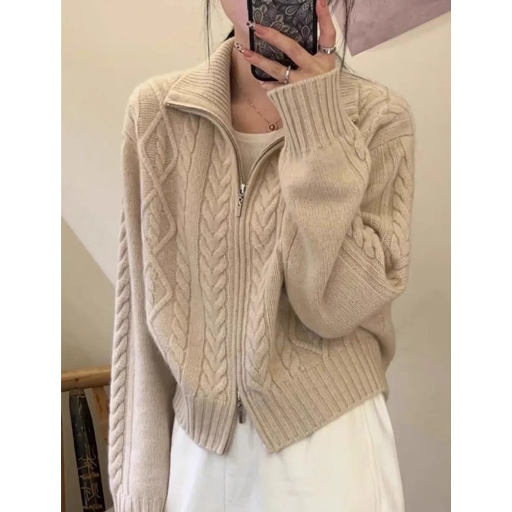Cardigan 100% cachemire pour femmes, col haut, pull ample et doux pour l'automne et l'hiver, pull tricoté en laine, manteau épais
